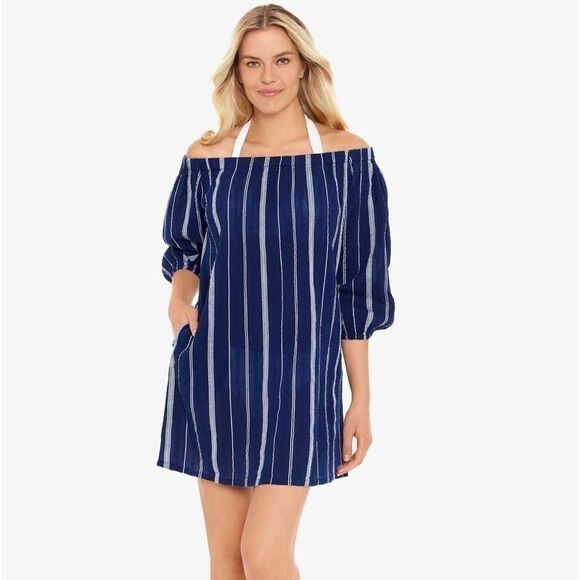 Lauren Ralph Lauren Cotton Off-the-Shoulder Cover-up Dress Blue White
Stripe M - Picture 1 of 10